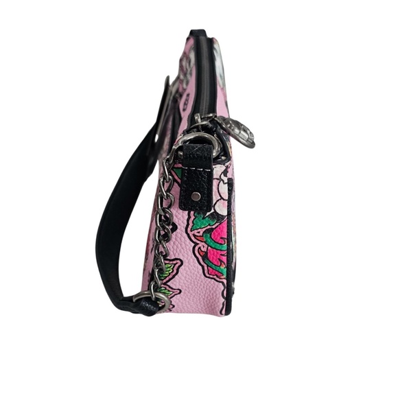 Ed Hardy Vegan Leather Shoulder Bag Pink Floral Skull Hearts Tattoo NEW Y2K - Picture 4 of 5
